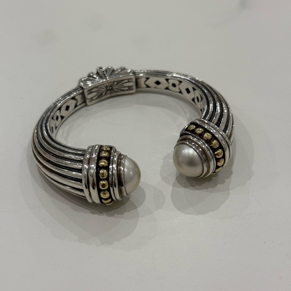 LAGOS Silver Tone Cuff Bracelet with Pearl End Caps and Gold Accents